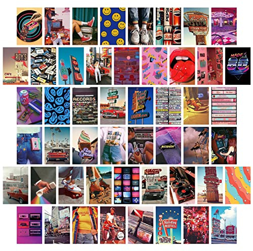 jiuzcare Tarjetas Decorativas de Papel, Set de 50 Postales Decorativas Estilo Retro 80s Colorido Aesthetic para Decoración de Pared, Habitación, Dormitorio y Collage de Pared, Decoración Vintage