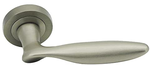 MICEL - 03031 - Juego de Manilla con Roseta (50 mm) y Maneta con diseño curvilíneo con hendidura para pulgar, Acabado en níquel satinado, Color plateado, 140 x 50 x 70 mm