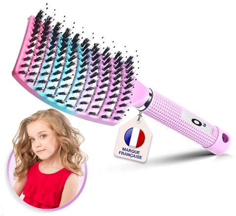 Brosse Cheveux demelante Magique [ Brosse ROSE Arc-en-Ciel NE TIRE PAS ] Poil de Sanglier 100% Naturelle - Pour démêler en douceur !