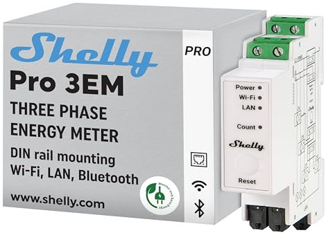 Shelly Pro 3EM (400A) | WLAN & LAN DIN-Schiene 3-Phasen Energiezähler | Echtzeit-Überwachung | iOS Android App | Kein Hub Erforderlich | Solarpanels | PV-Systeme | Wirkenergie der Klasse B