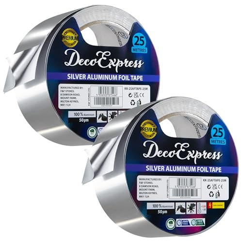DECO EXPRESS Cintas Adhesivas de Aluminio Alta Temperatura, Cinta de Aluminio Adhesiva 10m, 25m, 50m x 45mm, Resistente al Calor, Impermeable, Cinta de Aislamiento (25 M, 2 Piezas)