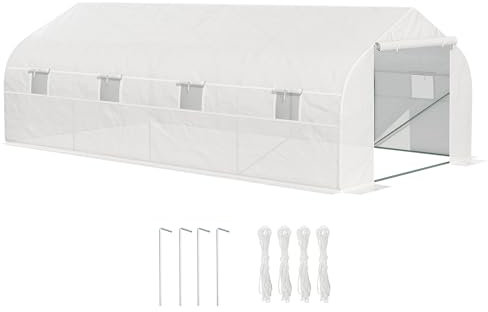 Outsunny Serra a Tunnel 6x3x2m con 8 Finestre e Porta Avvolgibile, Serra per Orto con 4 Picchetti e 4 Funi Incluse, in Acciaio e PP, Bianco