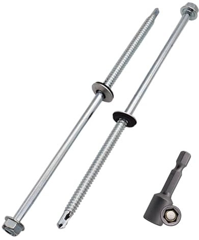 SKIR'CO (50 uds.) Tornillos para techos galvanizados 6,3 x 180 mm cabeza hexagonal, tornillos autoperforantes DIN 7504-K con arandelas de sellado EPDM