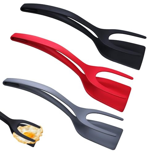 TETEWEVER 2 in 1 Pfannenwender Zange, 3 Stück Spiegelei Wender Nylon Spatula Tong Antihaft Eierspatel für Eiern Burgern Steak Pfannkuchen Pizza(Dreifarbig)