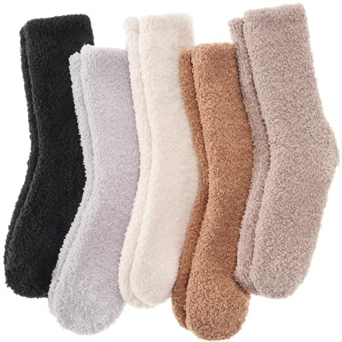 ANTSANG 5 Paia Calzini Fuzzy per Donna Uomo Pantofole Accoglienti Morbide Caldi Invernali Spessi Peluche Calzini Crew(Nero/Ivoire/Beige,36-41)