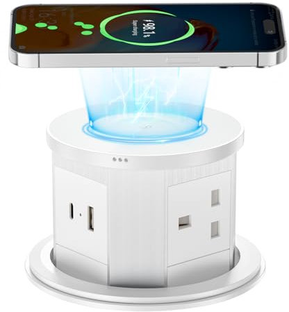 Pop up Socket, Pop up Power Sockets with 15W Wireless Fast Charger, Safe Touchscreen Automatic Pop up Extension Socket with USB & Type C Port for Home Office Kitchen Worktops Desktop, White