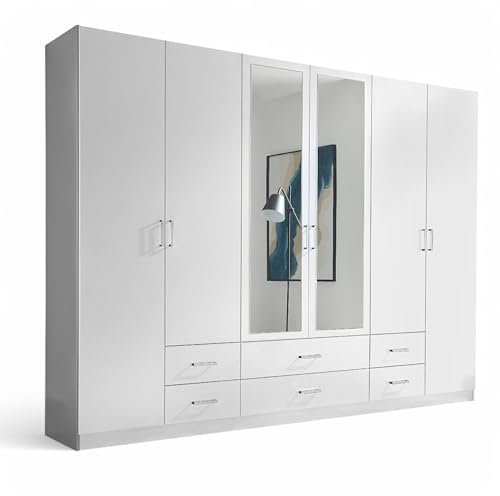 Stella Trading ELVA Kleiderschrank mit Spiegeltüren in Weiß - Vielseitiger Drehtürenschrank 6-türig für Ihr Schlafzimmer - 271 x 210 x 54 cm (B/H/T)