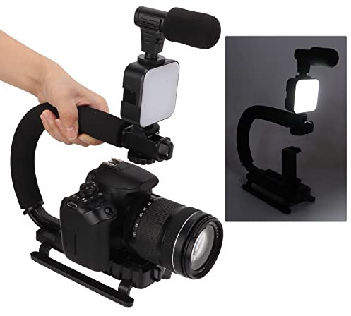 Stabilizzatore Videocamera Portatile, Stabilizzatore di Azione Video, Stabilizzatore con Luce LED Microfono, Stabilizzatore Fotocamera Portatile a Forma di U, Stabilizzatore Cardanico per Fotocamere