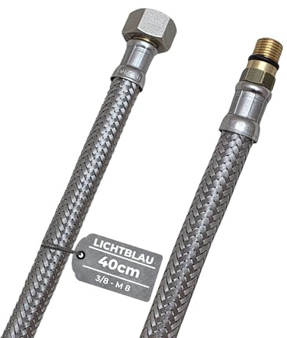 LICHTBLAU Manguera de acero inoxidable resistente a dobleces, 40 cm, 3/8 pulgadas a M8 corta, adecuada para agua potable, válvula angular, manguera blindada, grifo de cocina