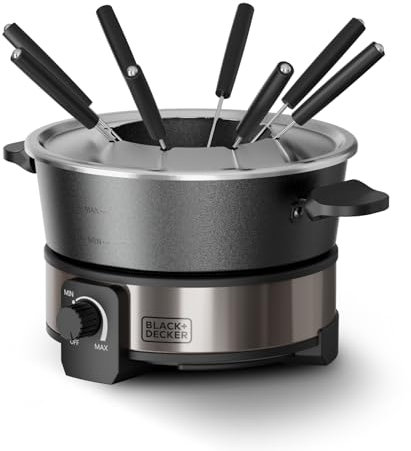 Black+Decker - Fondue BXFC1000E 1000W | Termostato Regulable hasta 200°C | Capacidad 2L | Para Queso, Chocolate, Caldo y Aceite | 8 Pinchos | Olla Antiadherente sin PFOA | Apta Lavavajillas