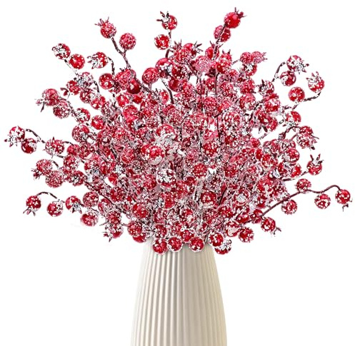 Yueshop 12PCS Christmas Artificial Red Berry Picks, Snow Tipped Berry Branches Holly Frosted Berries Branches for Christmas Tree Home Holiday Wedding DIY Crafts