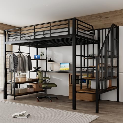 Merax Eisenbett, Hochbett, Seitenleiter mit Handlauf, Mit Ladeanschluss, Mit Kleiderbügel, Ablagefläche und Zwei Kippschutzeinrichtungen, Eisen + MDF, Schwarz+dunkle, 120x200cm