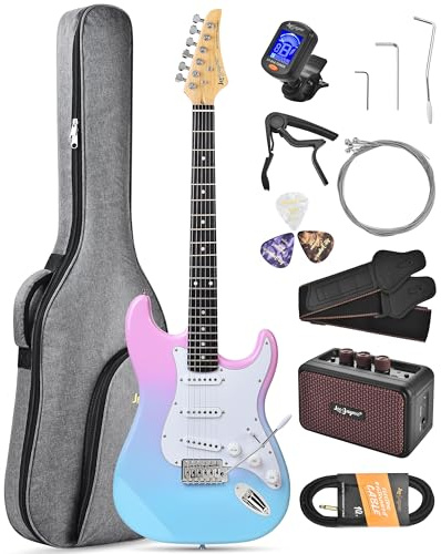 Leo Jaymz Beginner Electric Guitar 39” Kit with Portable Amplifier, Padded Gig Bag, Digital Tuner,Capo,Strap,Picks,Classic SSS Pickups(Pink-Blue Fade-SSS)