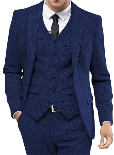 Herrkostym i tweed med fiskbensmönster, 3 delad kostym, spetsiga slag, smokingset, kavaj, väst och byxor, formell kostym för bröllop, balklänning
