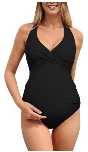 Maternity One Piece Swimwear Front Cross Pregnancy V Neck Bikini Ruffle Pregnant Bathing Suit Maternity Swimming Costume One Piece Pregnant Swimsuit for Women Swimwear Pregnancy Bathing Suit Black