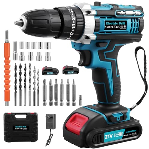 Teodute 21V Akkuschrauber, Akku Bohrschrauber mit Akku 2000mAh 50Nm Drehmoment Max 25+3 Drehmomentstufen mit 2 Akku und Schnellladegerät, Akkubohrer für Garten Haus DIY Projekt