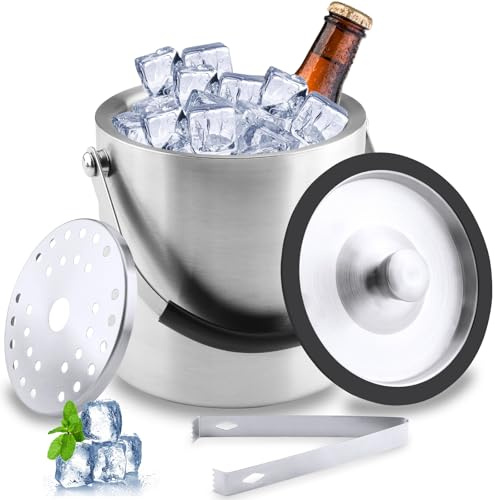 Wozzies 1.6L Secchiello Ghiaccio Acciaio Inox A Doppia Parete Isolante, con Coperchio in Silicone, Filtro e Pinze, Porta Ghiaccio per Secchi a Temperatura Costante in Feste, Champagne, Cocktail e Bar