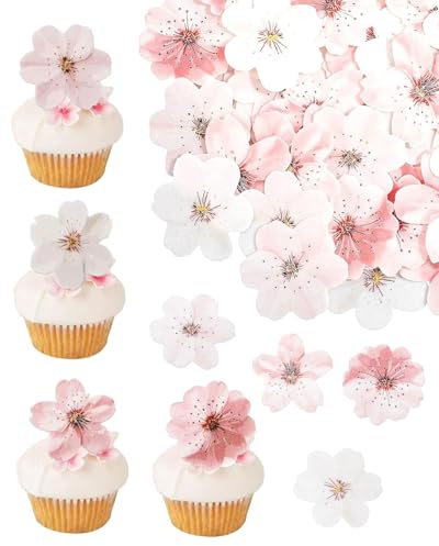 LOZTBUE Juego de 50 adornos comestibles para tartas, decoración de magdalenas, flores comestibles, oblea de papel, flores comestibles para pasteles, bodas, cumpleaños, baby shower, fiestas temáticas