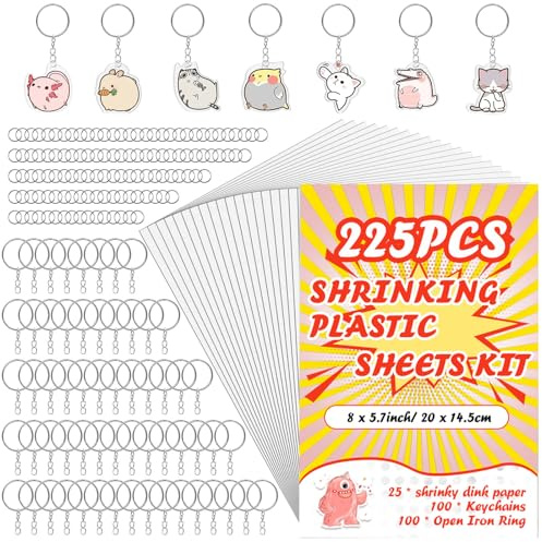 225PCS Shrinky Dink Sheets Keychains Kit,Shrink Plastic Sheets Kit with 25PCS Shrinky Dink Paper,100PCS Keychains and Open Iron Ring for Kids Creative Craft Marking,Handprint(8x5.7inch/20x14.5cm)