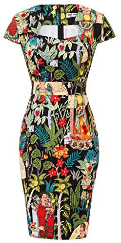 Grace Karin 7597 Damen Vintage Bleistiftkleid, kurze Ärmel, figurbetont, 1950er Jahre, 39 Farben, XS-XXXL Gr. L, Floral-35 (cl7597)