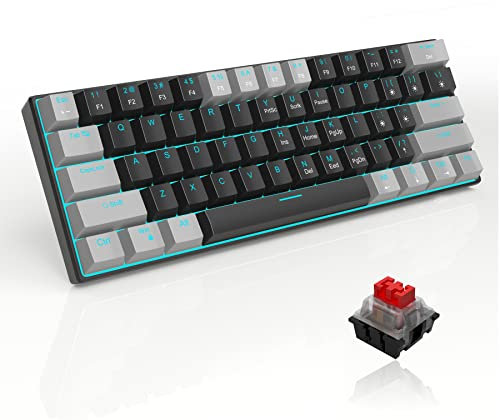 MageGee 60% Mechanical Gaming Keyboard, STAR 61 Compact Blue LED Backlit Wired Keyboards with Detachable USB Type-C Cable, Portable Full Keys Anti-ghosting Gaming Keyboard - Grey & Black/Red Switch
