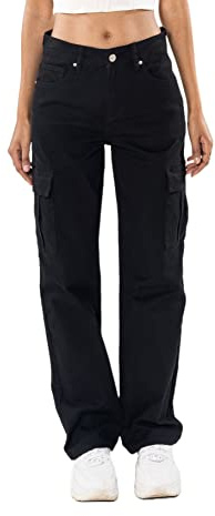Nina Carter Q1885 Pantaloni Cargo da Donna a Vita Alta, Pantaloni Cargo Diritti a Gamba Larga in Denim Elasticizzato, S