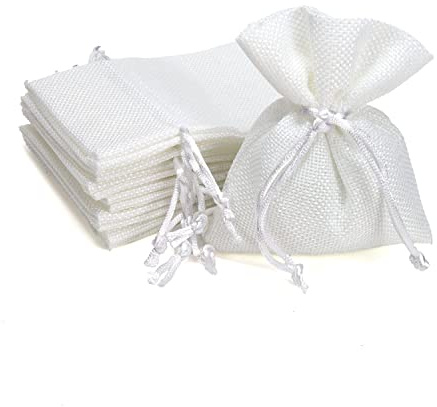 Baratti 50 Pezzi Sacchetti Juta Con Tirante, Ideale Per Bomboniere, Fai Da Te, Porta Oggetti, Confetti, Caramelle, Regalo, Matrimonio, Natale, Festa (10X12, Bianco)