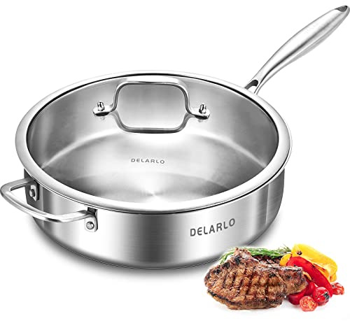DELARLO Whole Body Tri-Ply Stainless Steel Sauté Pan with Lid, 6 Quart Sauté Pan, 12 Inch Deep Frying Skillet, Induction Compatible, Dishwasher & Oven Safe