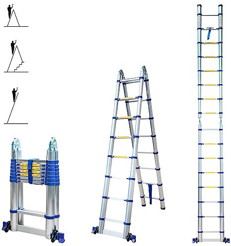 Echelle télescopique articulée 5m STEMPAKT, escabeau 2x8 marches Pliable Professionnel Multifonction, Hauteur Travail Max 5,9m, Garantie 5 Ans Hoström