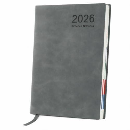 Top Sale 2026 A5 Diary – Soft PU Day-Per-Page Planner | Monthly Index Tabs, Ribbon Marker, Notes on Every Page | Personal Info, Monthly Planner & Useful Reference Pages - Grey