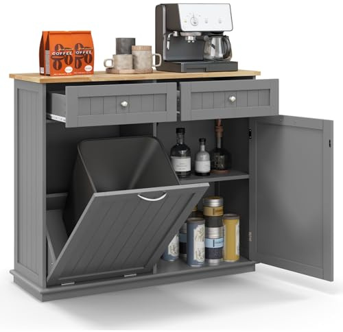 GIANTEX Armadio per Rifiuti da Cucina con Apertura a Ribalta, Mobile per Biancheria Autonomo con Piano in Legno di Gomma, Supporto per Cestino Nascosto, Ripiano Regolabile (Grigio)