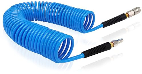 FANOVO 10m Length Air Compressor Hose Polyurethane Recoil, 1/4 Europe Quick Coupler and Bend Restrictors for Air Compressor Accessories, 6mm ID x 9.5mm OD Blue Retractable Hose