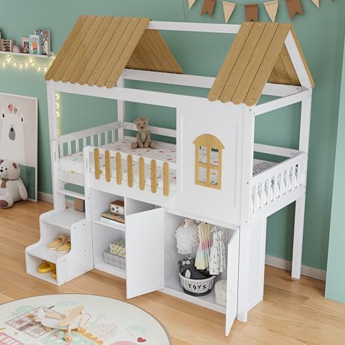 FEZTOY Etagenbett 90x200, Kinderbett Hochbett mit Kleiderschrank, Schuhschrank, Fenster, Rahmen aus Kiefer, Treppe, stabiles Geländer, Stockbett Spielbett, Ohne Matratze