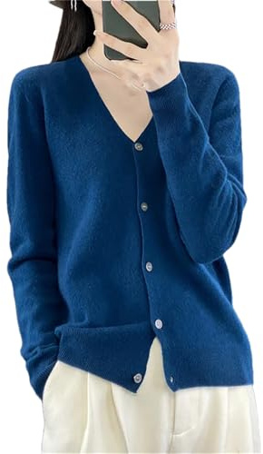 Cardigan invernale da donna in lana merino, con scollo a V, con bottoni, a maniche lunghe, tinta unita, Blu alghe., M