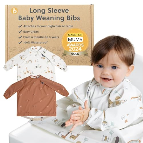 BIBaDO - Baberos de manga larga para bebés - Niños pequeños de 6 a 36 meses - Babero de destete - Fácil de limpiar y tela suave - Se fija a la silla alta y mesas - Impermeable - Lavable a máquina -