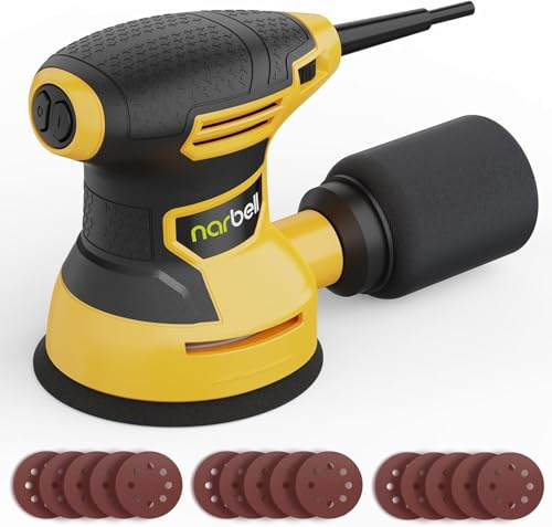 Narbell Orbital Sander 3.2A (380W), 14000RPM Max 6 Variable Speeds Random Orbit Sander, 5 Palm Sander Tool with 15pcs Sanderpapers, Dust Bag for woodworking, Yellow