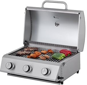 Tarrington House Barbecue à Gaz Portable CATHAN 3 Brûleurs, Acier Inoxydable, 6.6 kW, Couvercle avec Thermomètre, Allumage Piézoélectrique, Argent