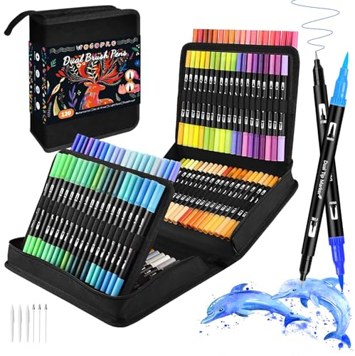 WOGOPRO Dual Brush Pen Set, 120 Farben Filzstifte Dicke und Dünne, Fineliner Set, Pinselstifte für Bullet Journal, Handlettering, Mandala, Malbücher, Fasermaler