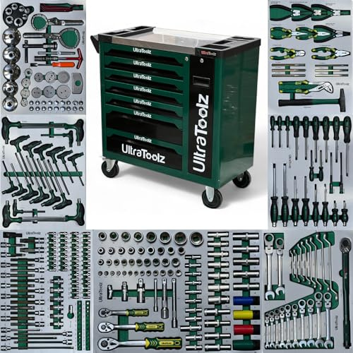 Ultratoolz Werkstattwagen 7 Schubladen + 1 Seitenfach – befüllt mit Werkzeugset – rollbarer Werkzeugwagen mit Zentralverriegelung & Schwerlastrollen – ideal für Werkstatt & Garage