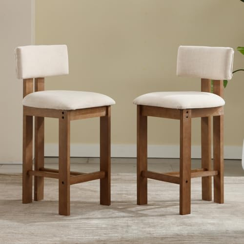 chairus Juego de 2 Taburetes de Bar de Lino Taburetes Altos con Patas de Madera, Sillas para Isla de Cocina con Respaldo Curvo y Cojín Grueso, Beige