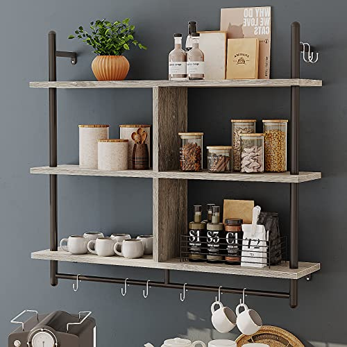 Bestier Étagère Suspendue Industrielle 3 Niveaux 105cm, Étagère Murale en Bois avec Crochets pour Rangement Salon, Cuisine, Balcon (Gris, 105 x 23.8 x 93.98 cm)