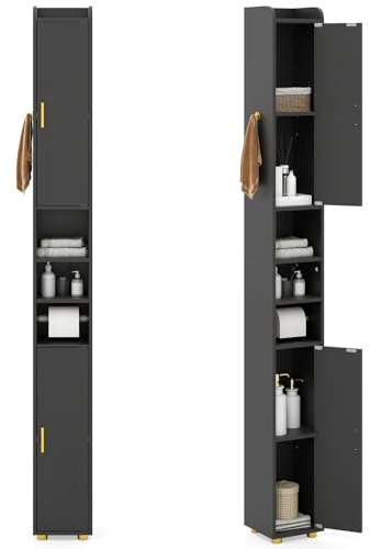 GIANTEX Armario de Baño Alto de 179 cm, Columna Auxiliar con 2 Puertas, Compartimentos Abiertos, Portarrollos y Gancho Lateral, Mueble de Almacenamiento para Cocina, Salón (Negro)