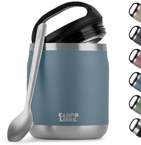 Campo Libre.® Lotta, Thermobehälter für Essen, Edelstahl Thermobecher Essen mit Löffel, Warmhaltebehälter Essen, Mueslicup oder Babybrei Warmhaltebox, Thermo-Essensbehälter, Blue, 600ml