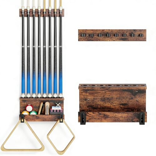 Porte-queues de billard mural pour 8 queues - Accessoires de billard | Support pour Queue de Billard en Bois Massif - Support de Rangement Rustique pour Accessoires de Table de Billard