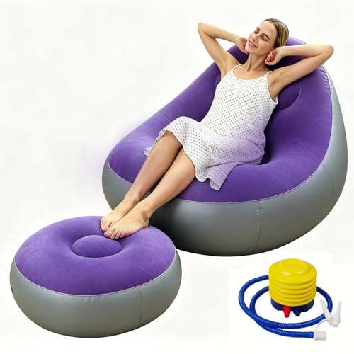 Shyllin Divano ad aria, divano da campeggio con poggiapiedi, divano gonfiabile, poltrona gonfiabile, poltrona da piscina, airlounge, pouf per esterni, per campeggio, casa (2, viola chiaro, 1 persona)