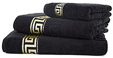 Arle-Living Luxus Medusa Handtuch 50x90 cm im 4er Pack/Jacquard Webung/Hochflor Frottee mit Medusa Flachprägung und Goldener Medusa Bordüre (schwarz/Black/Noir, 4er Pack Handtuch 50x90 cm)