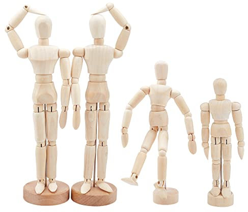 OLYCRAFT 4PCS Holzpuppe Gliederpuppe Holzfigurenpuppe mit flexiblen Gelenken Menschliche Schaufensterpuppe für Skizzieren Kunstzeichnung Model Künstler - 8 Inch, 6 Inch, 5 Inch