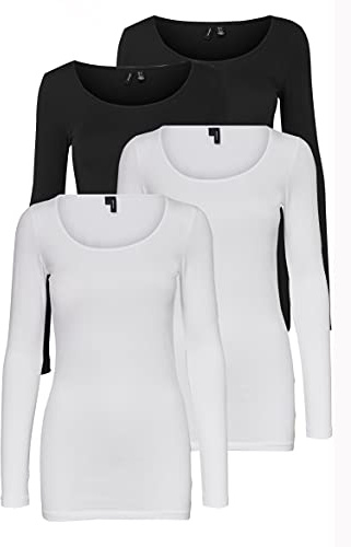 VERO MODA Women's Long-Sleeved Shirt (Pack of 4), White/Black (2X Bright white/2x Black), M