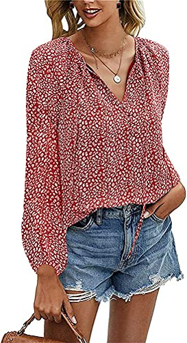 Tomwell Chemisier Femme Col V Blouse Élégant Haut Manches Longues Tunique Ample Fluide Mousseline de Soie Chic Vintage T-Shirt Femme Tops Mousseline Décontracté Sweat