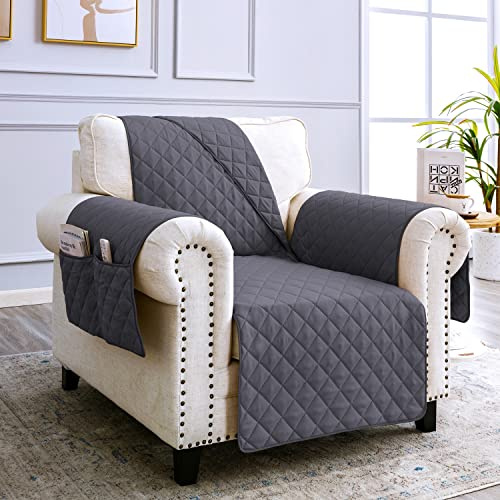 sevi's Funda Sofá 1 Plazas Impermeable e Antideslizante con Bolsillos, Cubre Sillon Orejero/Relax Reversible Antiarañazos para Mascotas, Oeko-Tex, Lavable - Gris Oscuro